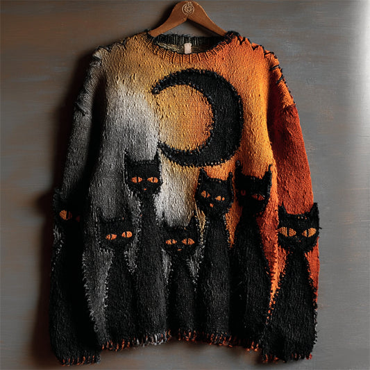 Comstylish Halloween Night Black Cats Gradient Cozy Knit Sweater