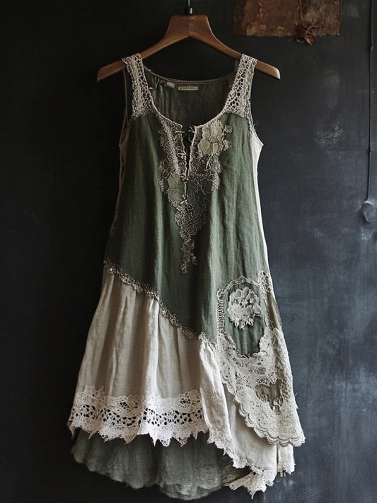 Vintage Lace Patchwork Comfy Linen Tank Dress artswardrobe