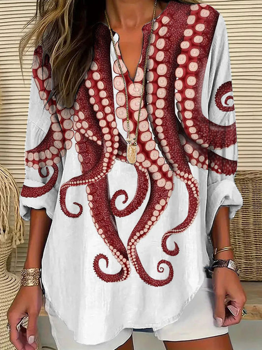 Comstylish Women's Casual Japanese Art Ocean Octopus Print T-shirt
