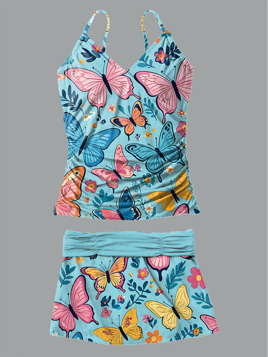 Women's Butterfly V-Neck Print Suspender Skirt Tankini Pantskirt Set Swimsuit