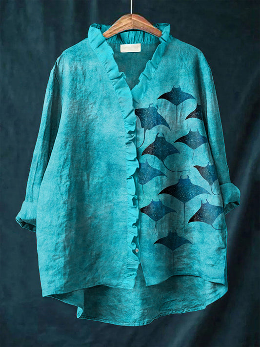 Comstylish Manta Rays Art Print Ruffled Linen Shirt