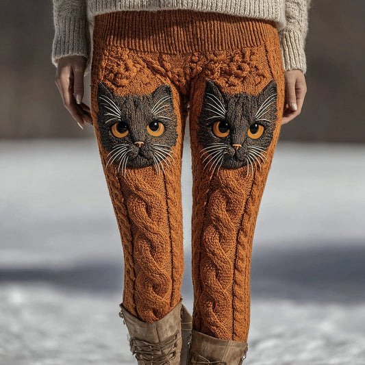 Cute Black Cat Face Embroidered Comfortable Knitted Women's Leggings