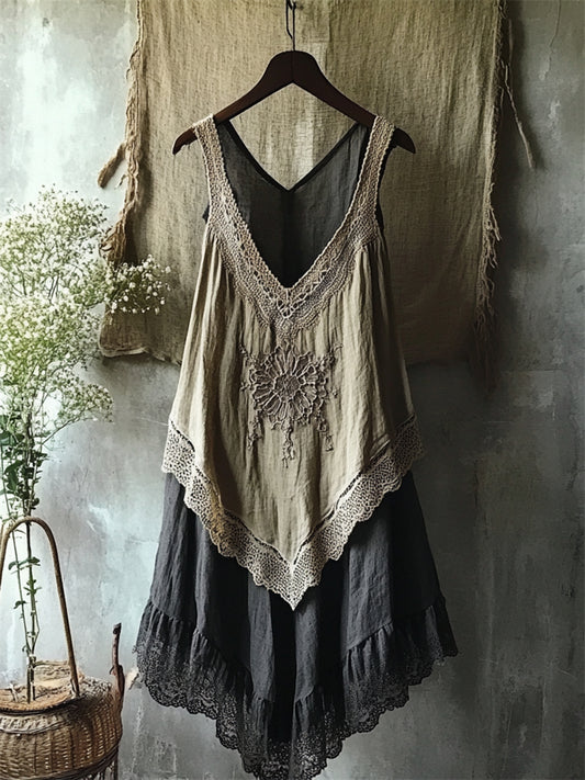 Vintage Boho Flower Lace Hem Linen Tank Dress artswardrobe