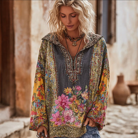Comstylish Women's Vintage Ethnic Style Floral Patchwork Hooded Top