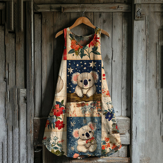 Vintage Loose  Australian Save Koala Protect Koala Cute Koala Patchwork Pattern Art Print Linen Tank Dress artswardrobe