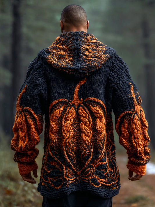 Halloween Pumpkin Knit Art Men's Hooded Sweater Cardigan artswardrobe