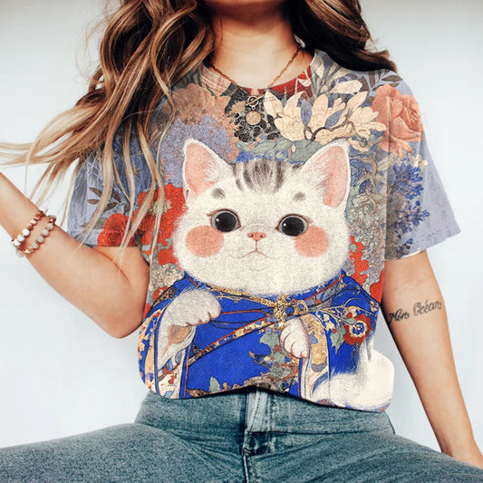 Cute Cat In Kimono Floral T-shirt elevenforest