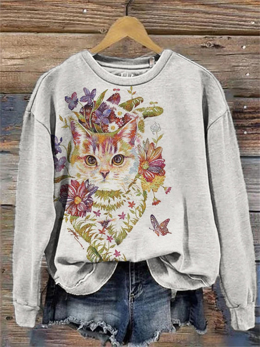 Lovely Cat Floral Art Comfy Sweatshirt elevenforest