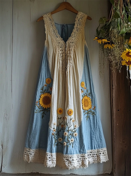 Boho Sunflowers Embroidered Contrast Lace Patchwork Linen Dress artswardrobe