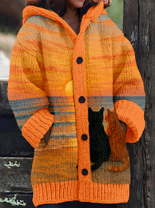 Comstylish Cute Sunset Cats Pattern Cozy Hooded Knitted Cardigan