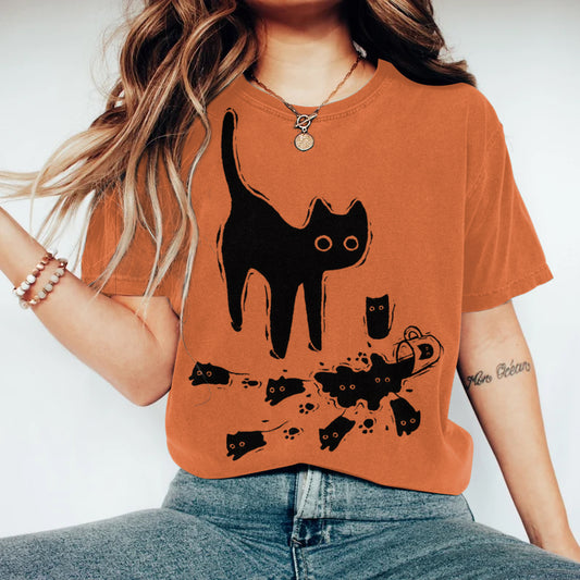 Comstylish Women's Abstract Creative Cute Black Cat Art Print T-shirt