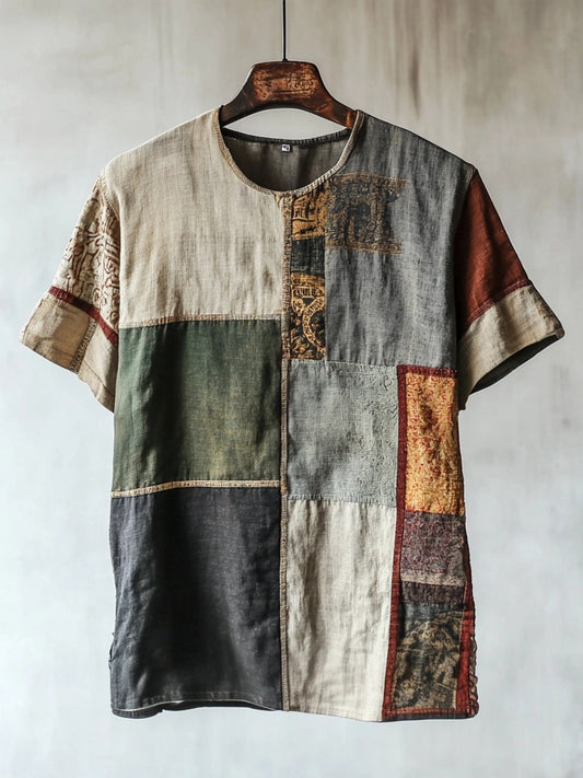 Men's Vintage Patchwork Short Sleeve Linen T Shirt artswardrobe