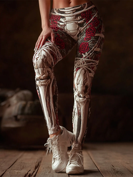 Comstylish Halloween Thigh Bone Frame & Floral Art Women's Knit Leggings