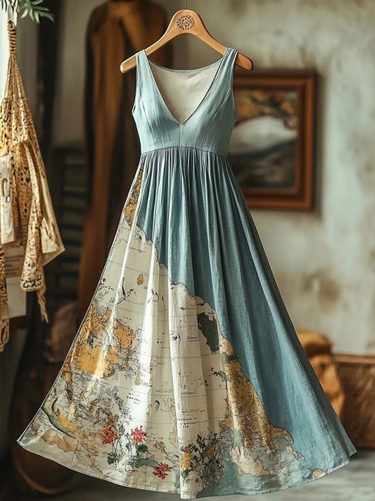 Vintage Old Map Inspired Linen Maxi Dress artswardrobe