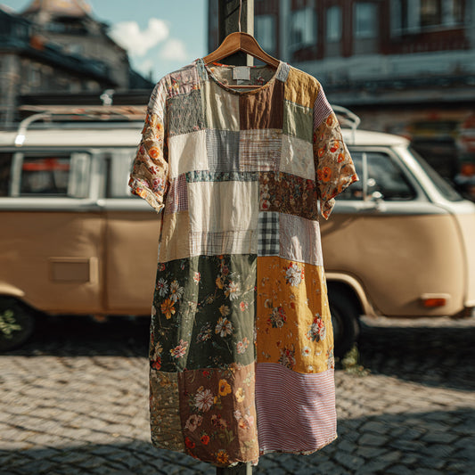 Countryside Style Collection Classy Patchwork Floral Pattern Art Linen Midi Dress