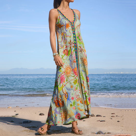 Women's Floral Sun Graphic Holiday Linen Maxi Dress artswardrobe