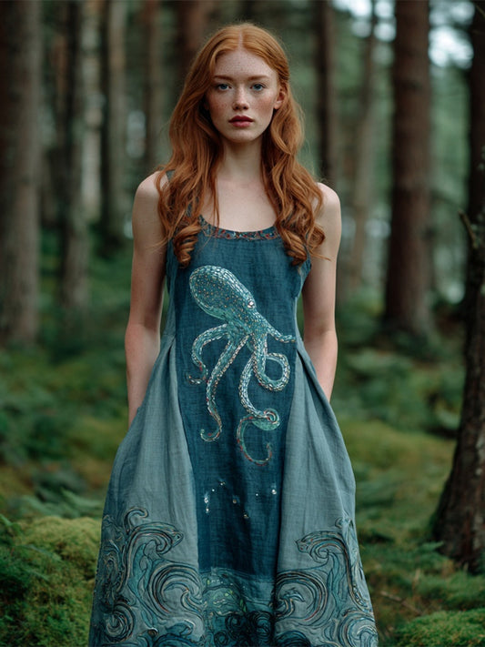 Octopus Sequin Embroidery Vintage Women's Linen Vest Maxi Dress artswardrobe