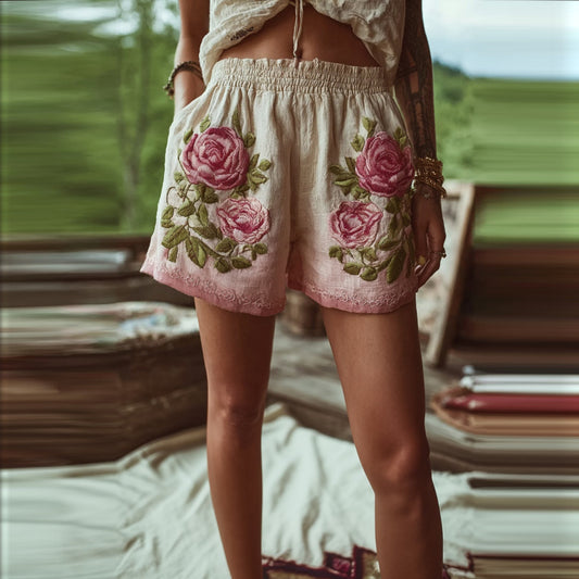 Vintage Pink Roses Embroidered Art Linen Shorts artswardrobe