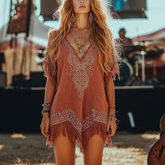 Vintage Western Tassel Trim Comfy Linen Dress artswardrobe