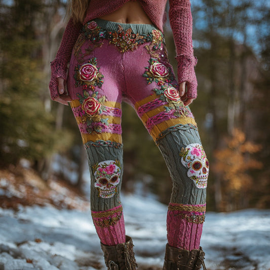Women's Vintage Sugar Skull And Floral Pattern Casual Leggings elevenforest