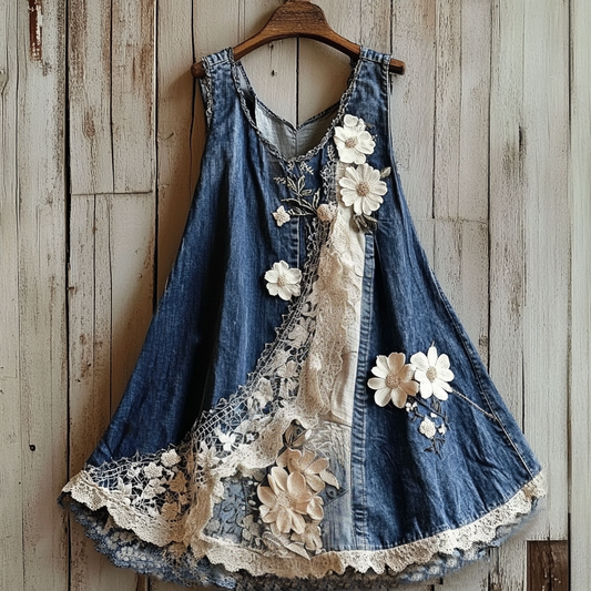 Women's Vintage Floral Lace Denim Oversized Dress artswardrobe