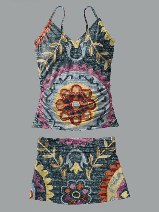 V-Neck Vintage Flowers Print Suspender Skirt Tankini Pantskirt Set Swimsuit
