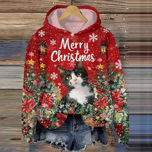 Christmas Flower Cat Print Long Sleeve Hoodie elevenforest