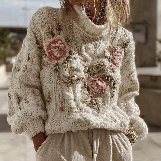 Women's Vintage Pink Rose Art Cozy Knit Turtleneck Sweater elevenforest