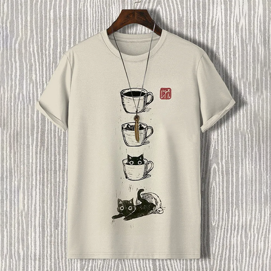 Men's Cat Coffee Mug Japanese Art Painting Print Comfortable T-Shirt elevenforest