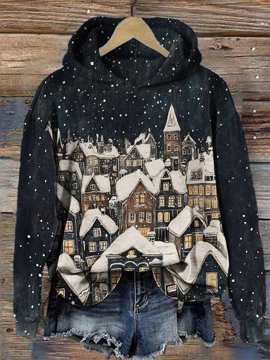 Comstylish Snowy Night White Roof Art Cozy Hoodie