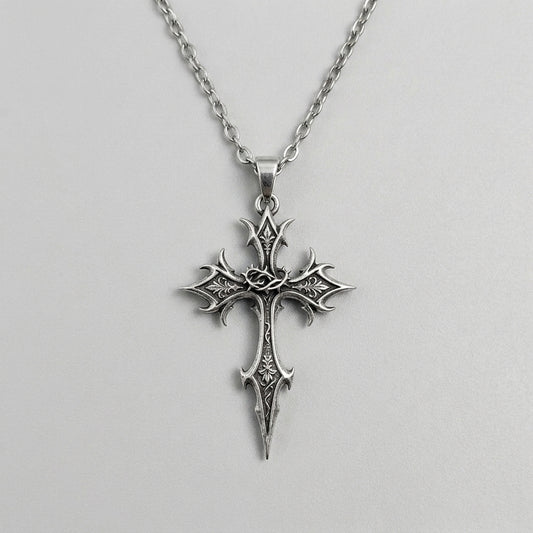 Spiked Floral Gothic Cross Pendant Necklace