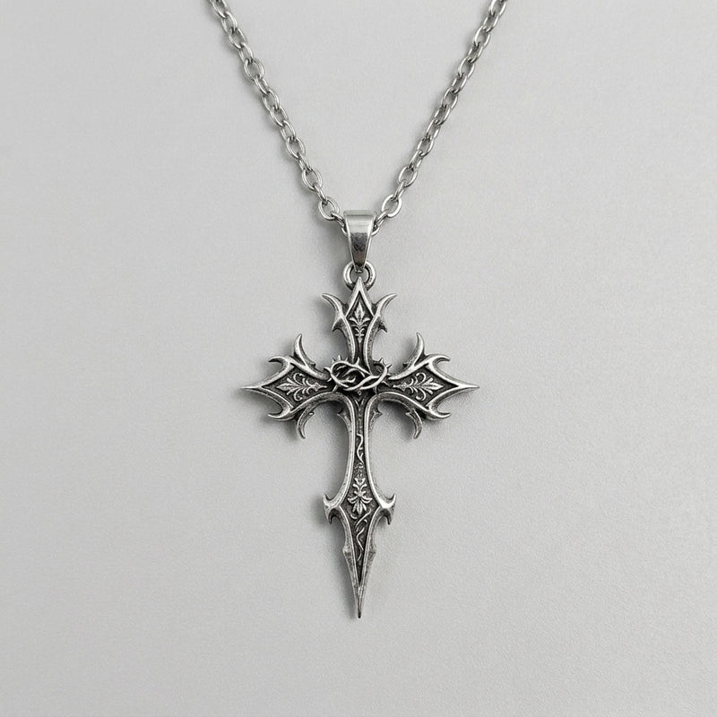 Spiked Floral Gothic Cross Pendant Necklace