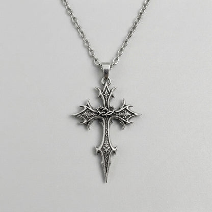 Spiked Floral Gothic Cross Pendant Necklace
