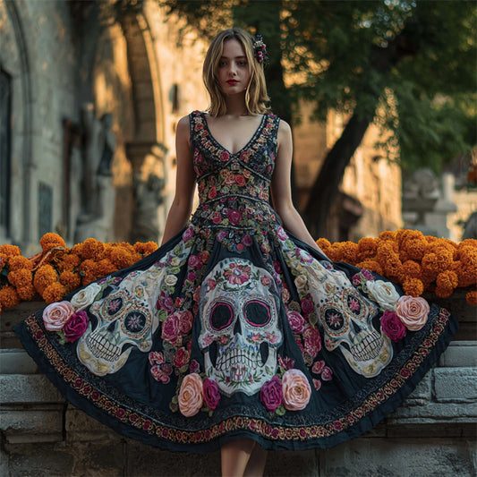 Comstylish Day Of The Dead Sugar Skulls Floral Embroidered Linen Maxi Dress