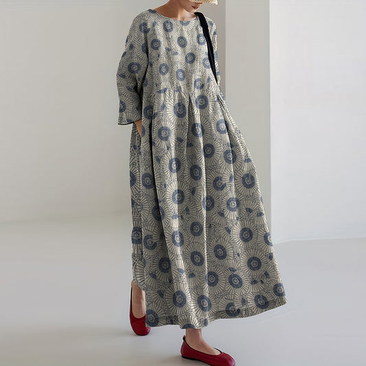 Comstylish Vintage Japanese Traditional Sashiko SevenBerry Art Cropped Print Casual Midi Dress