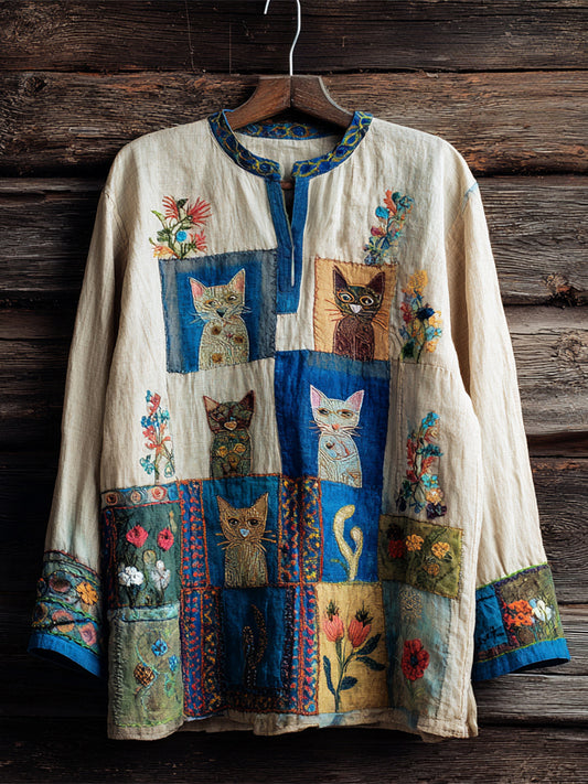 Comstylish Boho Floral & Cats Embroidered Art Women's Linen Shirt