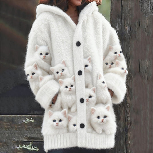 Crowded Fuzzy Cats Art Cozy Knit Hooded Cardigan elevenforest