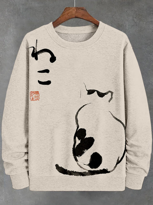 Men's Japanese Minimalist Cat Art Comfy Sweatshirt elevenforest