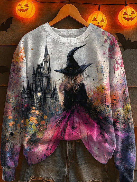 Women's Witch Art Print Round Neck Sweatshirt artswardrobe