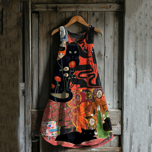 Vintage Abstract Creative  Cute Cats Patchwork Art Linen Blend Tank Dress elevenforest