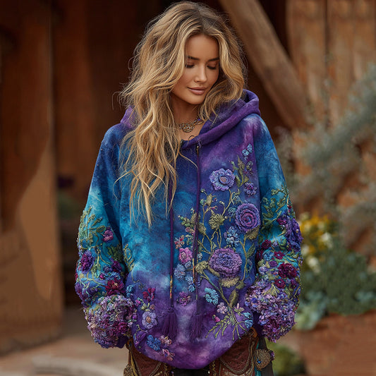 Comstylish Women's Vintage Purple And Blue Lavender Patchwork And Floral Embroidered Art Gradient Comfort Hoodie