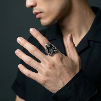 Hooded Grim Reaper Ring with Praying Skeleton Hands