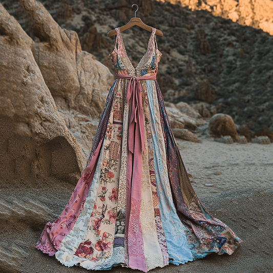 Vintage Flowers Patchwork Art Linen Tank Midi Dress artswardrobe