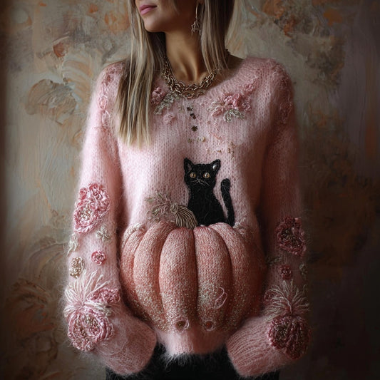 Comstylish Classy Black Cat Pumpkin Embroidered Cozy Knit Sweater