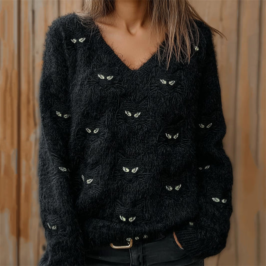 Comstylish Black Cat Faces Embroidered Fuzzy Cozy Knit Sweater