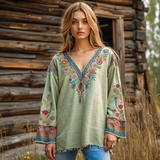 Retro Bohemian Tribal Art Embroidery Print Cotton And Linen V-neck Loose Shirt artswardrobe