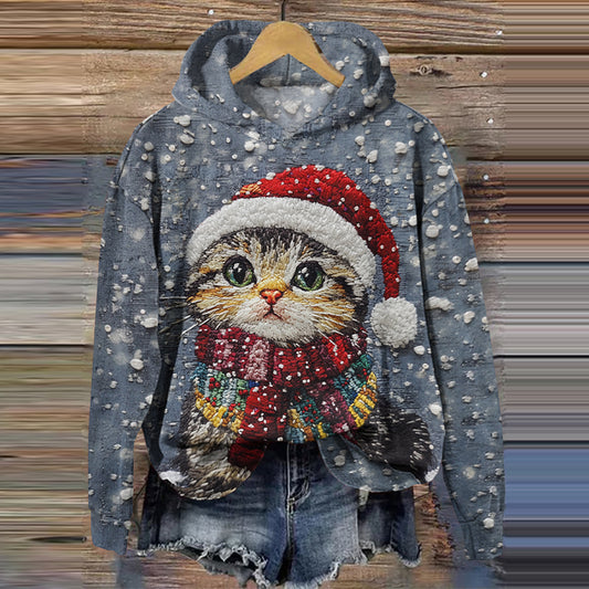 Comstylish Christmas Cat Print Long Sleeve Casual Hoodie