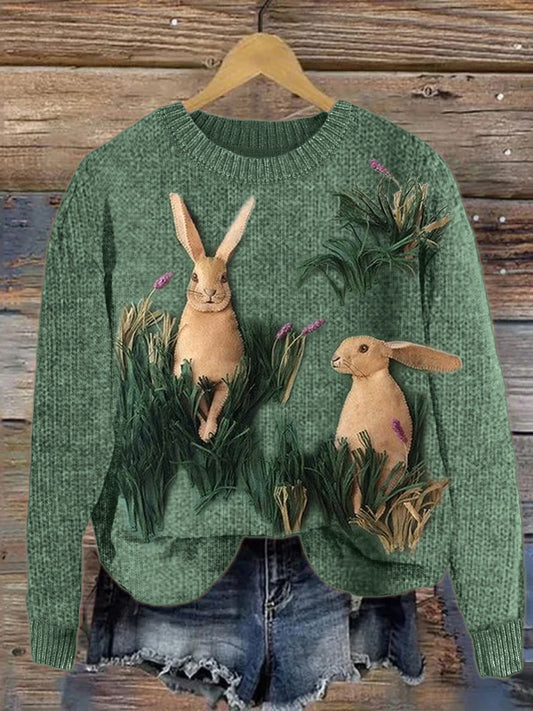 Forest Bunny Textile Art Cozy Knit Sweater artswardrobe