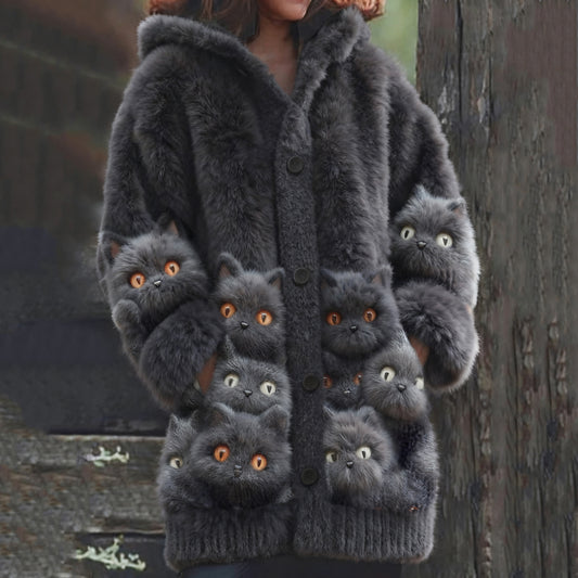 Comstylish Vintage Cute Cat Art Cozy Knit Hooded Cardigan