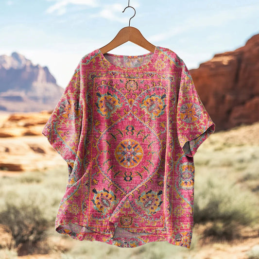 Women's Retro Ethnic Totem Art Print Casual Linen Crew Neck Shirt artswardrobe